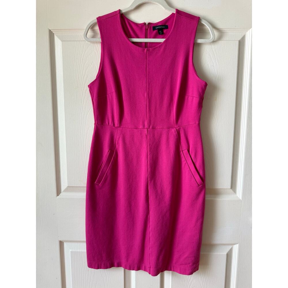 Lands’ End Magenta Pink Ponte Sleeveless Sheath Dress 10P Pockets Office Travel